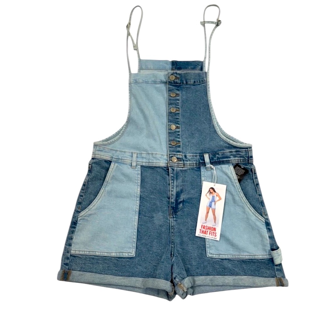 CELEBRITY PINK Denim Two Tone Wash Color Block Overall Shorts NWT Large 11/13